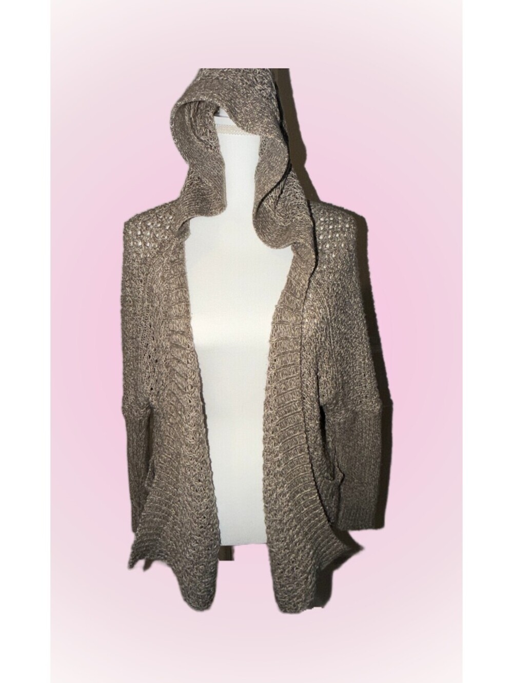 Womens Small Razzle Dazzle Light Brown / Beige Knit Sweater with Hood & Pockets